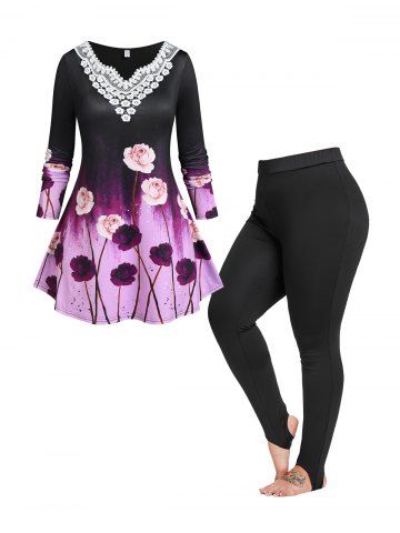 Plus Size Flower Print Lace Insert T Shirt and Stirrup Leggings Outfits - PURPLE