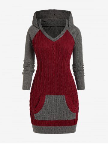 Plus Size Hooded Raglan Sleeve Colorblock Bodycon Sweater Dress - DEEP RED - 3X | US 22-24