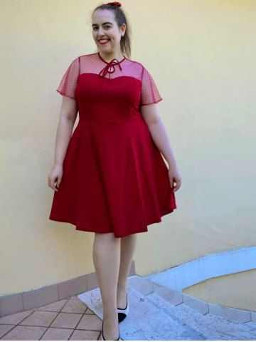 Vestido de Panel Malla Trasparente con Cordones en Talla Extra - DEEP RED - M
