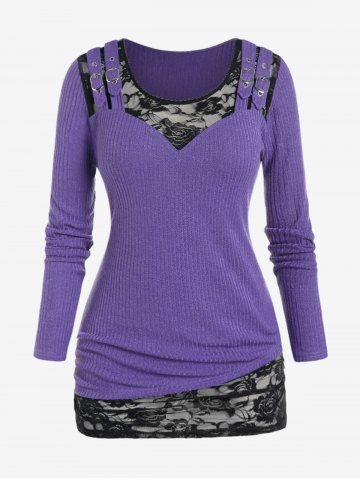 Plus Size Rib-knit Buckled Lace Overlay Ruched Top - PURPLE - 1X | US 14-16