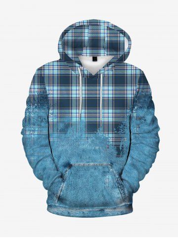 Mens Checked Jean Print Front Pocket Fleece Lining Hoodie - LIGHT BLUE - L