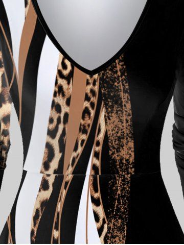 Plus Size Leopard Colorblock A Line Long Sleeve Dress