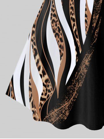 Plus Size Leopard Colorblock A Line Long Sleeve Dress
