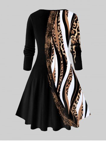 Plus Size Leopard Colorblock A Line Long Sleeve Dress