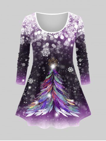 Plus Size Christmas Tree Snowflake Print Long Sleeve T-shirt - PURPLE - L | US 12
