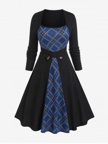 Plus Size Plaid Ribbed Colorblock Long Sleeves Knitted A Line Dress - BLACK - 1X | US 14-16
