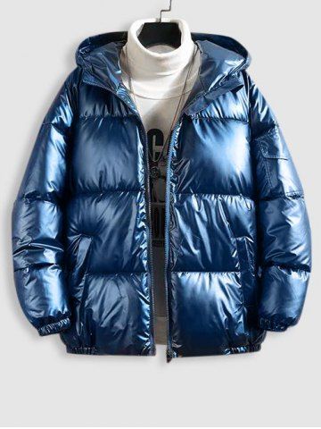 Metallic Color Zip Fly Quilted Padded Hooded Jacket - DEEP BLUE - S