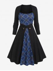 Robe Ligne A à Carreaux Tricoté en Blocs de Couleurs de Grande Taille à Manches Longues - Noir 1X | US 14-16