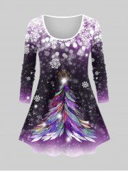 Plus Size Christmas Tree Snowflake Print Long Sleeve T-shirt -  