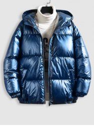 Metallic Color Zip Fly Quilted Padded Hooded Jacket -  