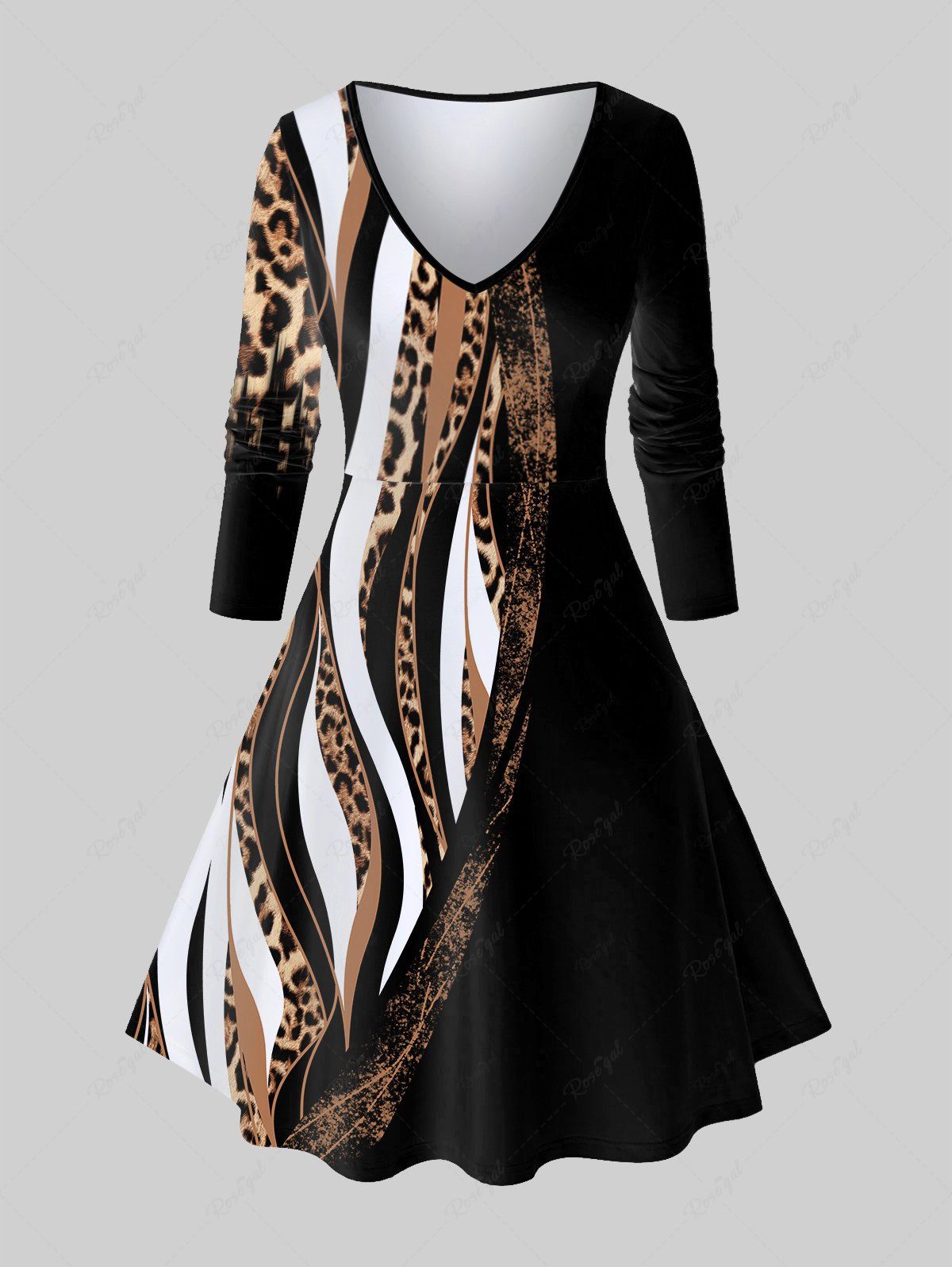 Chic Plus Size Leopard Colorblock A Line Long Sleeve Dress  