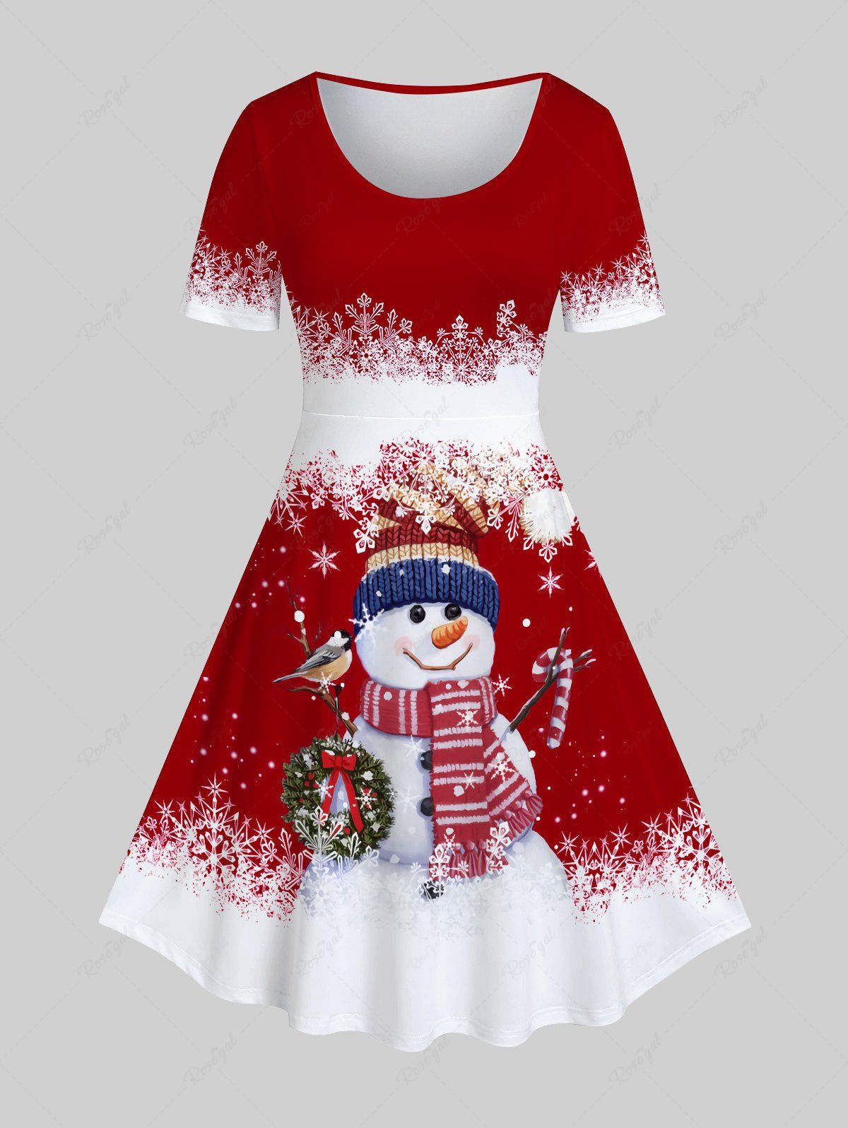 Robe de Noël à Imprimé Bonhomme de Neige et Flocon de Neige de Grande Taille Rouge M | US 10