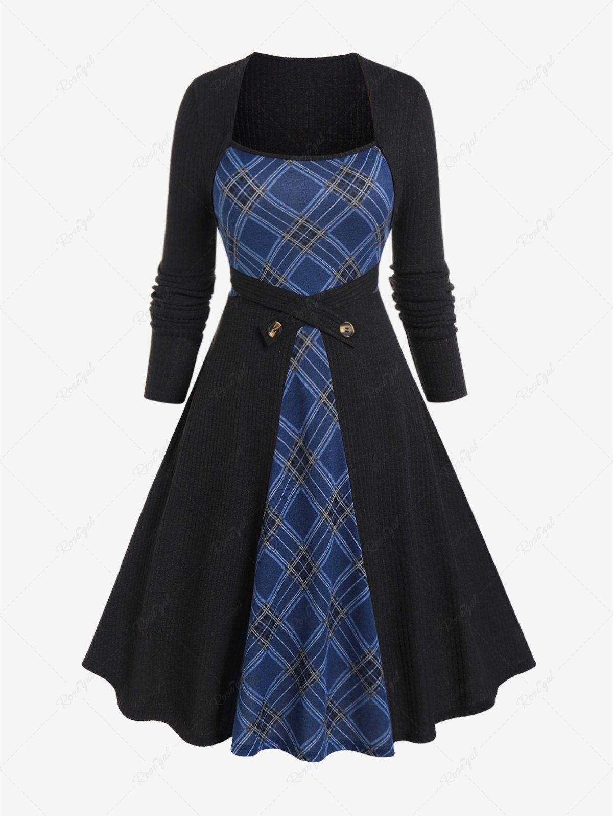 Buy Plus Size Plaid Ribbed Colorblock Long Sleeves Knitted A Line Dress  
