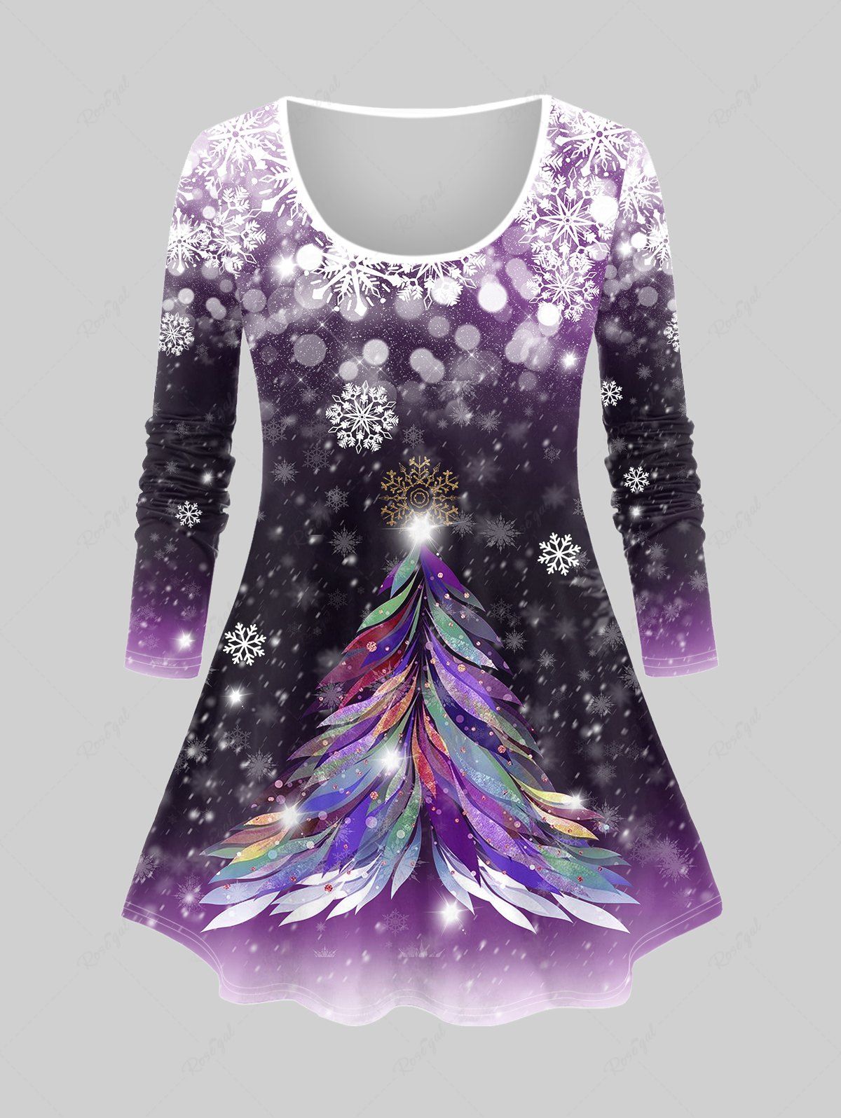 Sale Plus Size Christmas Tree Snowflake Print Long Sleeve T-shirt  