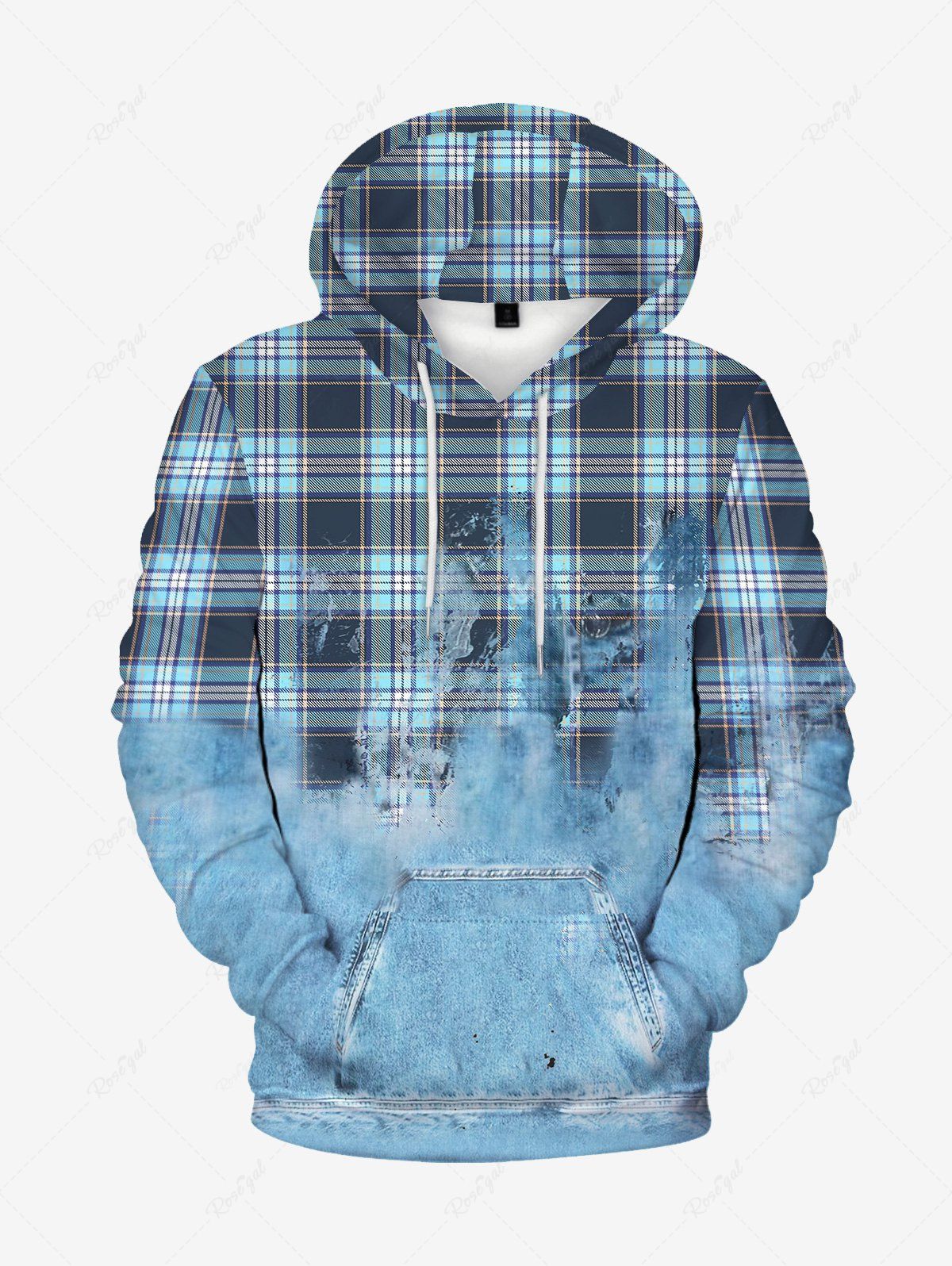 Best Mens Flocking Lined Checked Jean Print Front Pocket Hoodie  