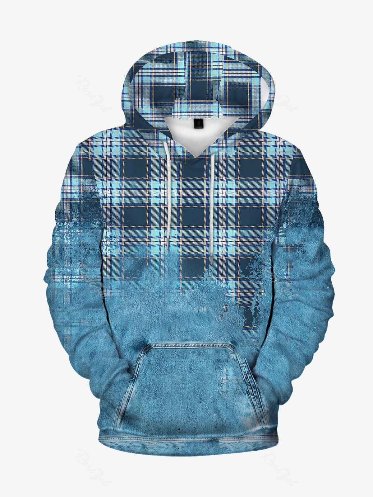 Affordable Mens Checked Jean Print Front Pocket Fleece Lining Hoodie  