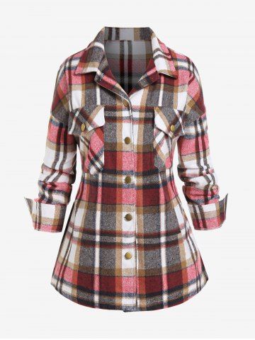 Plus Size Double Pockets Plaid Flannel Shacket - RED - M