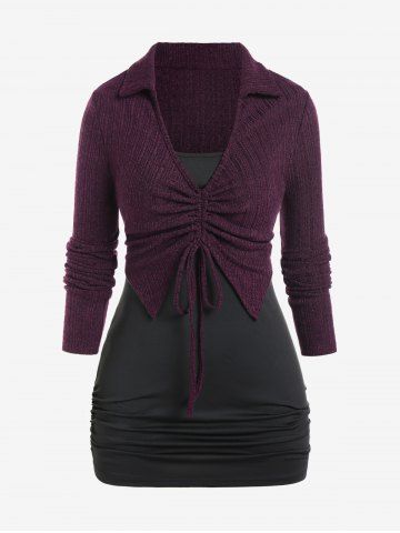 Plus Size Ruched Camisole and Cinched Rib-knit Knitwear Set - PURPLE - 1X | US 14-16