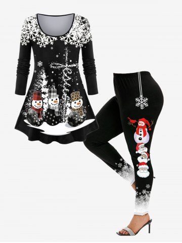Christmas Snowman Snowflake Print T-shirt and Graphic Leggings Plus Size Outfit