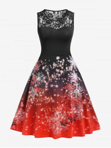 Plus Size Snowflake Print Lace Insert Christmas Midi Dress - RED - 1X | US 14-16