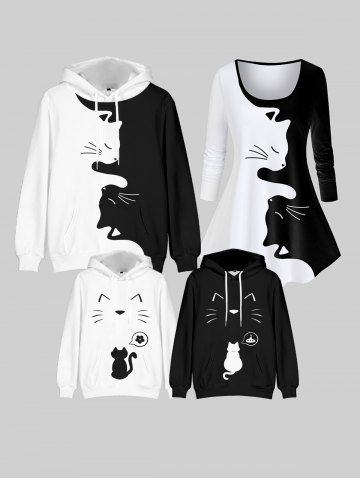 Kids Front Pocket Cartoon Cat Printed Pullover Hoodie - BLACK - 140