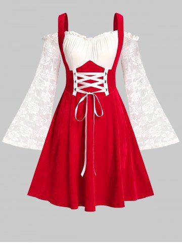 Vestido Swing Manga Campana Encaje Retro Tamaño Plus - RED - L | US 12