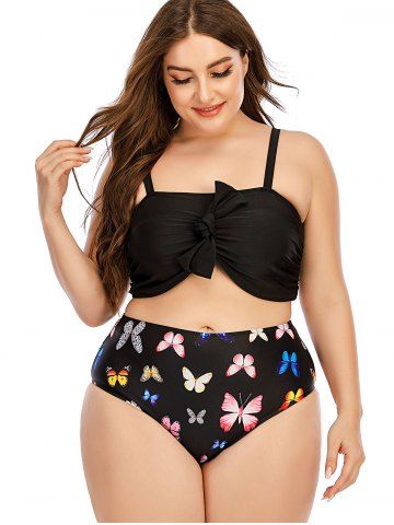 Plus Size Bowknot Butterfly Print High Waist Bikini Swimsuit - BLACK - 2XL