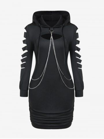 Gothic Chains Ladder Ripped Hooded Shrug Top and Bodycon Tank Dress Set