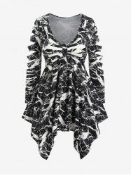 Plus Size Hanky Hem Marble Print Ripped Cutout Sleeves Top -  