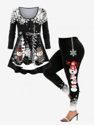 Ensemble de T-shirt Grande Taille à Motif Bonhomme de Neige et Flocon de Neige et Legging - Noir 