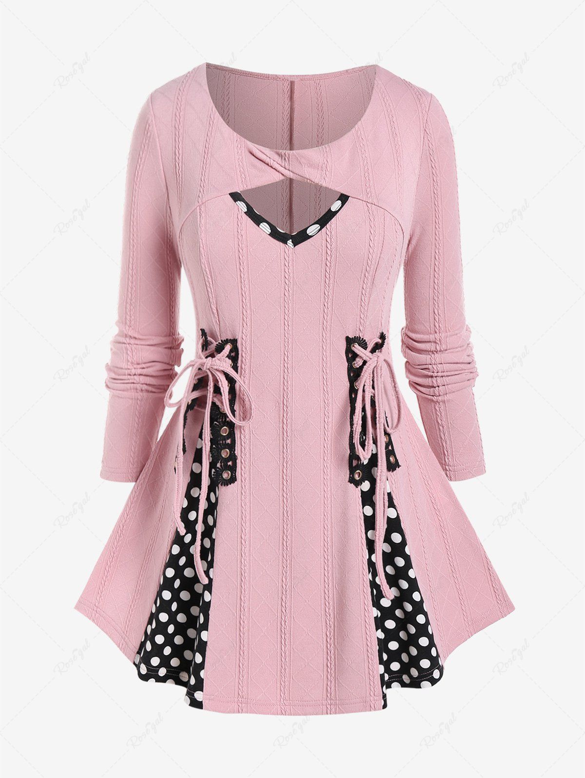 Chic Plus Size Polka Dot Lace-up Cable Knit Long Sleeves Keyhole Tee  