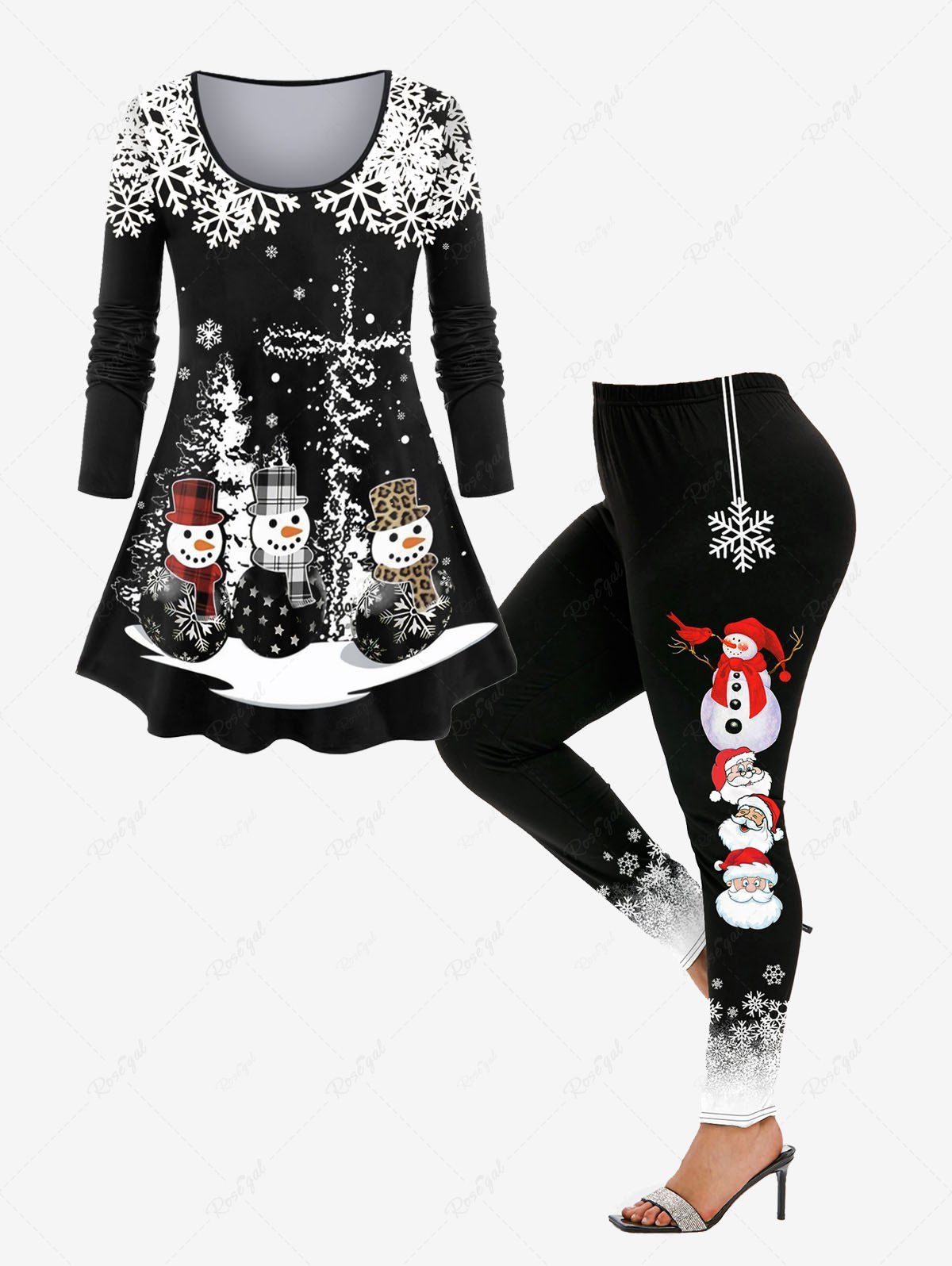 Ensemble de T-shirt Grande Taille à Motif Bonhomme de Neige et Flocon de Neige et Legging Noir 