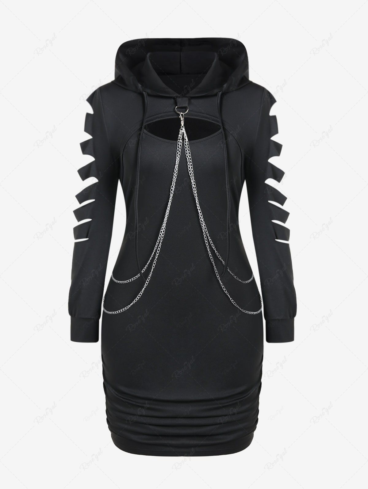 Latest Gothic Chains Ladder Ripped Hooded Shrug Top and Bodycon Tank Dress Set  
