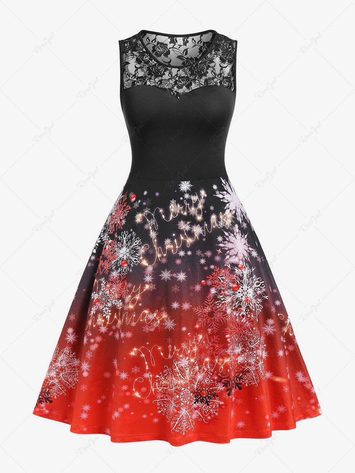 Unique Plus Size Snowflake Print Lace Insert Christmas Midi Dress  