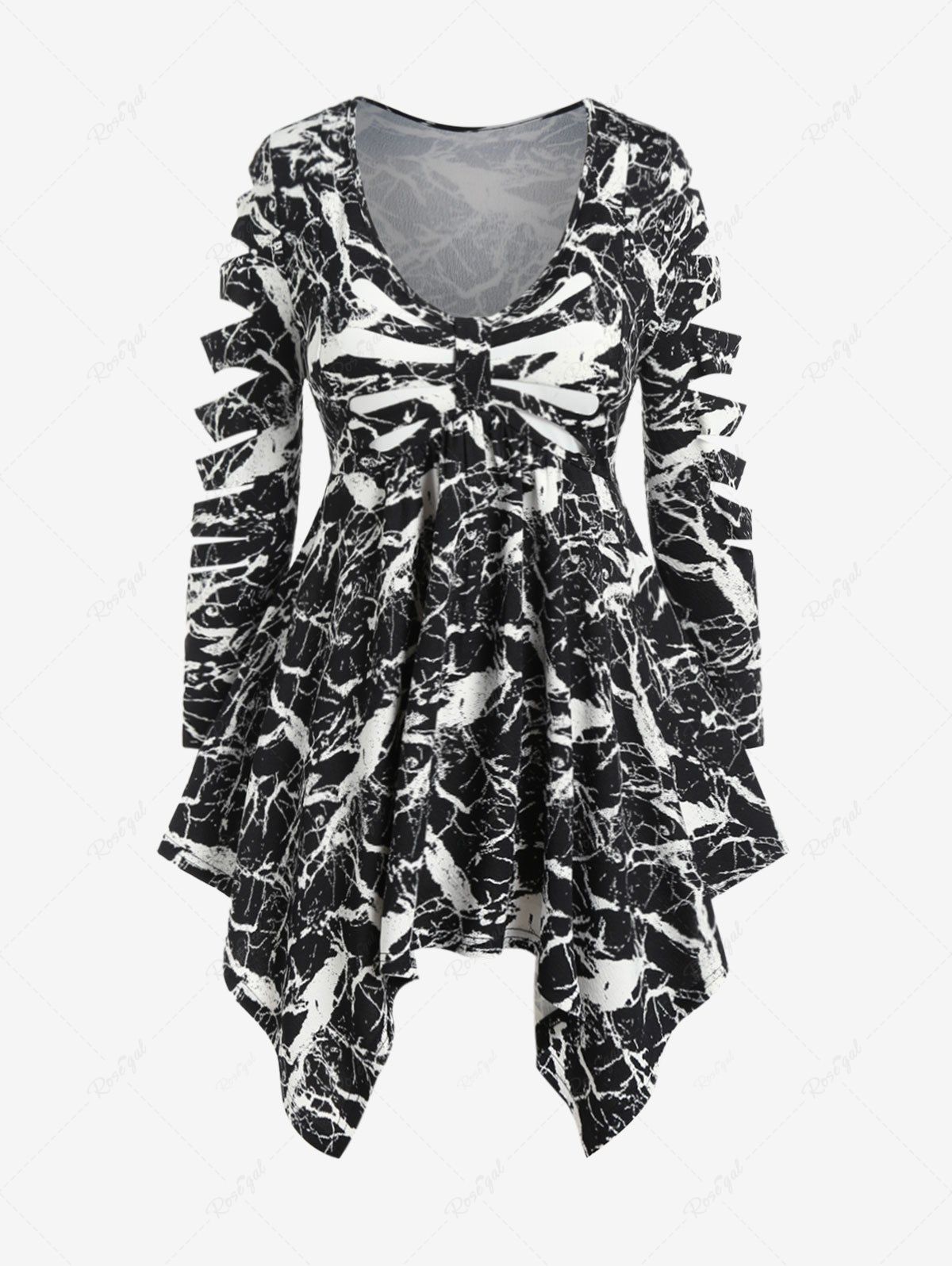 Shop Plus Size Hanky Hem Marble Print Ripped Cutout Sleeves Top  