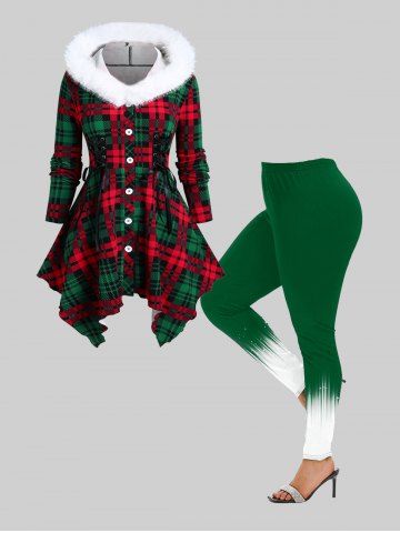 Christmas Hooded Faux Fur Panel Plaid Handkerchief Coat and Skinny Leggings Plus Size Outfit - RED