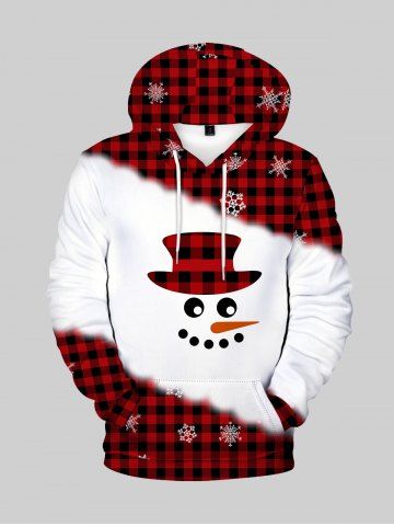 Mens Christmas Snowman Plaid Print Drawstring Hoodie - RED - M