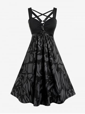 Gothic Harness Crisscross Printed Midi Dress - BLACK - 4X | US 26-28