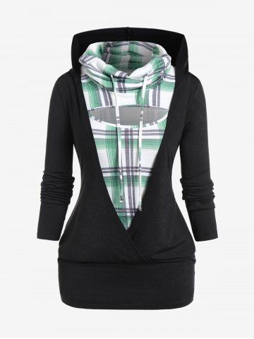 Plus Size Cowl Neck Peek and Boo Plaid 2 in 1 Top - BLACK - L | US 12