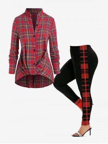Plaid Twist High Low Shirt and Skinny Leggings Plus Size Fall Outfit - RED