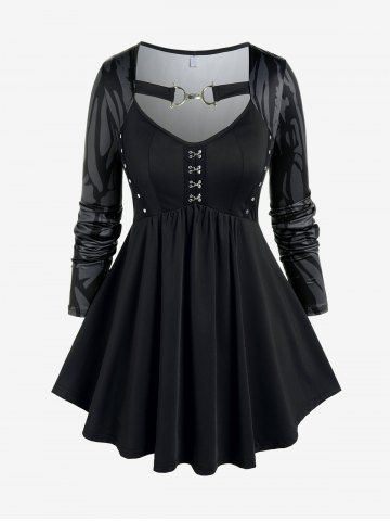 Plus Size Hook and Eye D Rings Printed T-shirt - BLACK - L | US 12
