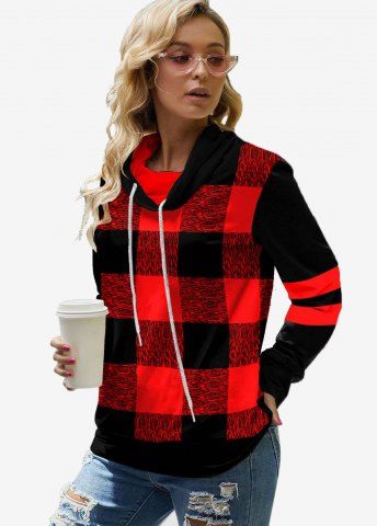 Sudadera Talla Extra a Cuadros Cuello Vuelto Color Bloque - RED - M