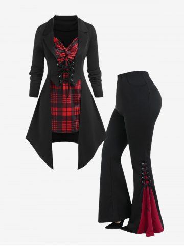 Gothic Checked Panel Twist Lace-up Long Sleeve Top and Lace Up Contrast Godet Hem Flare Pants Outfit