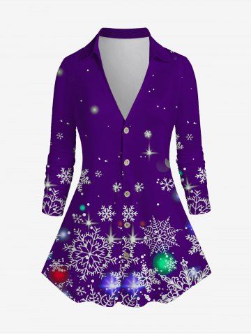 Plus Size 3D Sparkles Snowflakes Printed Christmas Shirt - PURPLE - 1X | US 14-16