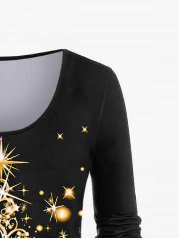 Plus Size 3D Sparkles Glitters Bowknot Printed Long Sleeves Tee