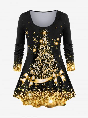 Plus Size 3D Sparkles Glitters Bowknot Printed Long Sleeves Tee - GOLDEN - 2X | US 18-20