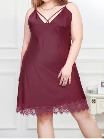 Robe Lingerie Découpée en Dentelle Insérée en Couleur Unie de Grande Taille - DEEP RED - 1XL