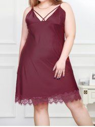 Plus Size Padded Plain Color Cut Out Lace Insert Lingerie Dress -  