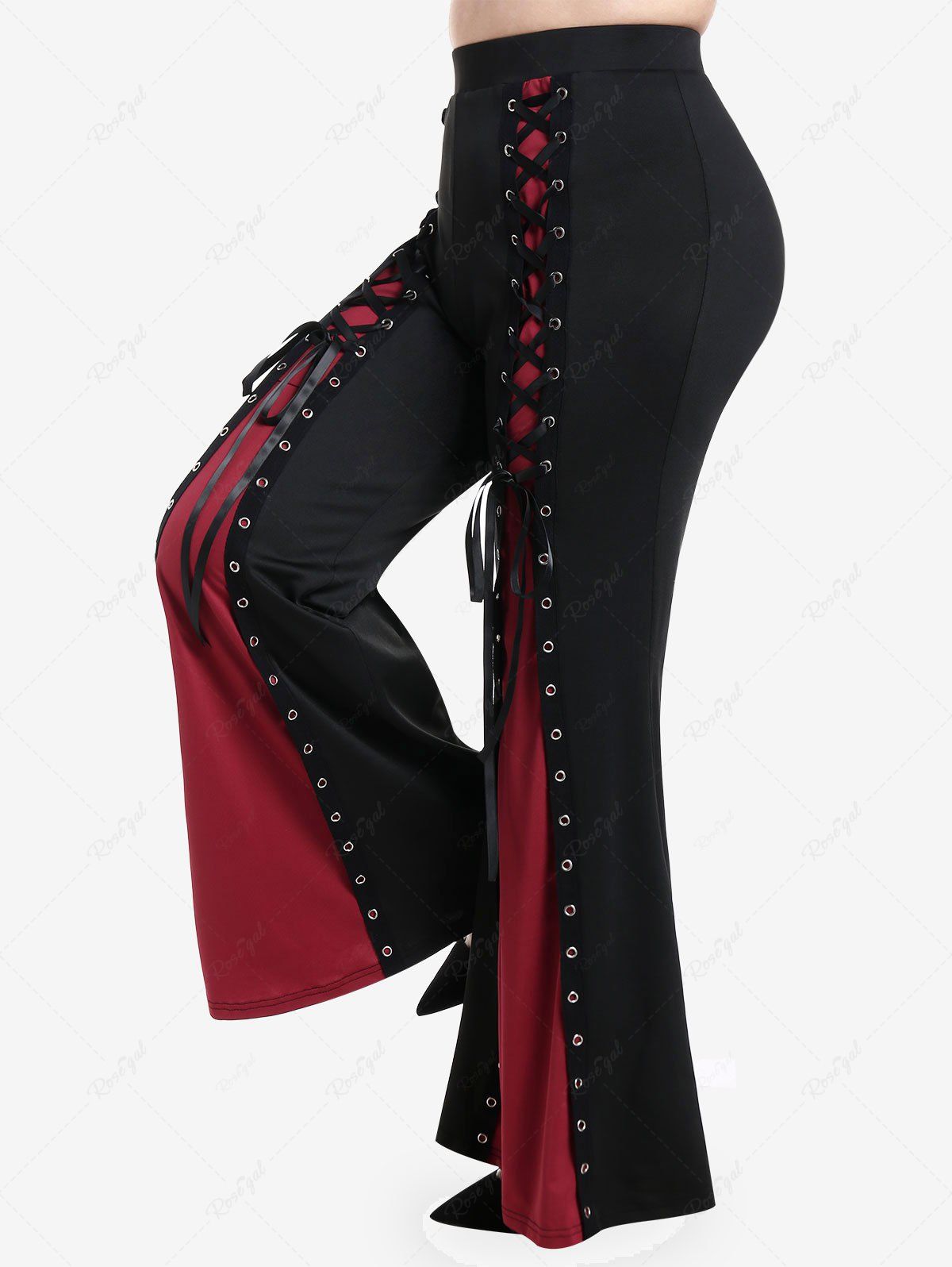 Trendy Gothic Lace-up Grommet Two Tone Pull On Flare Pants  