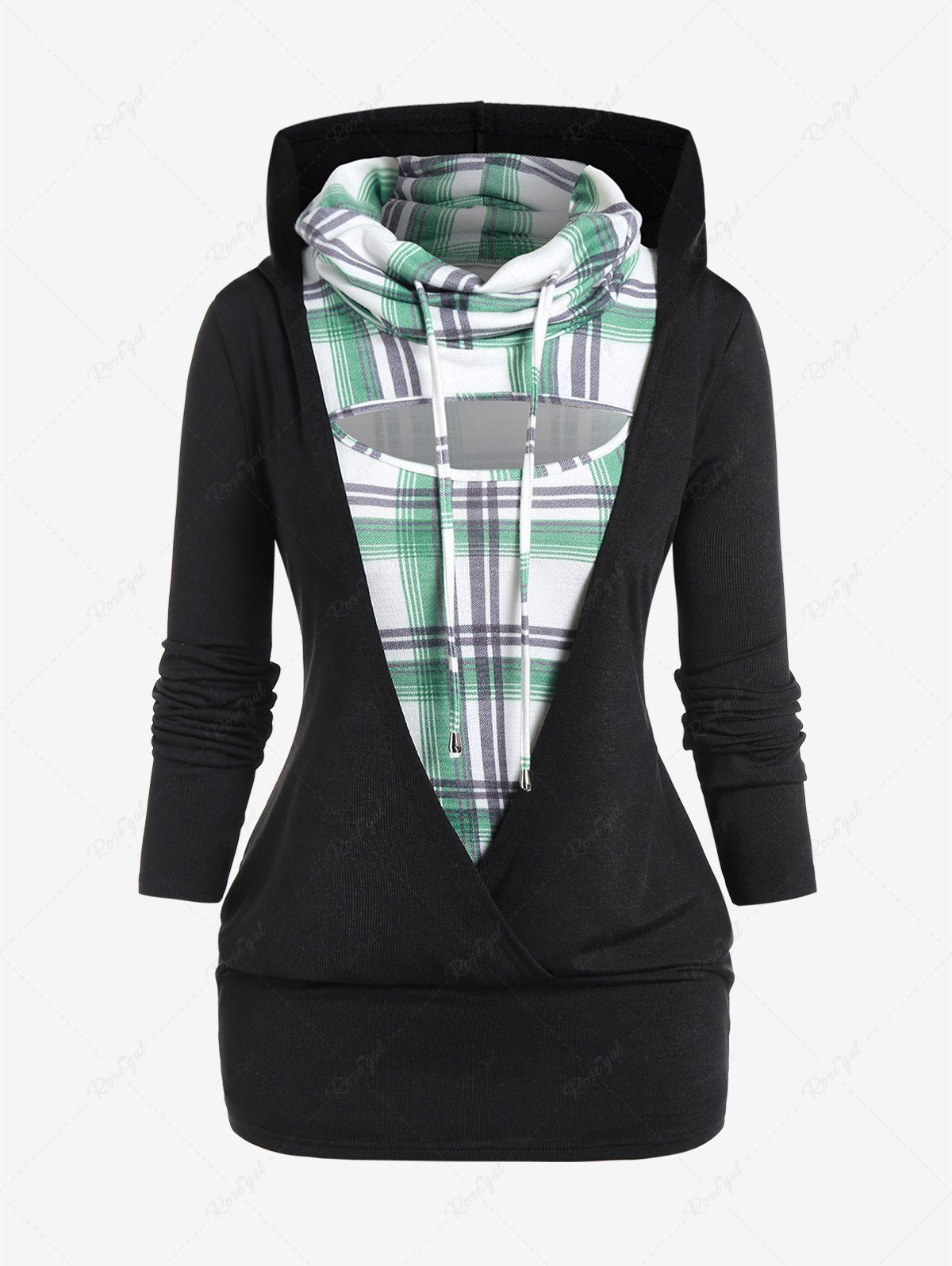 Discount Plus Size Cowl Neck Peek and Boo Plaid 2 in 1 Top  